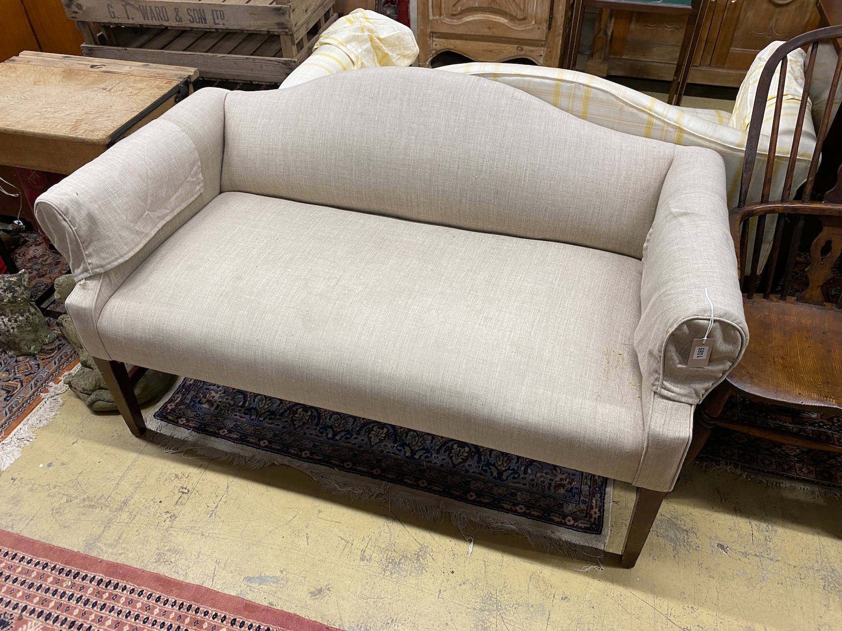 A pair of 19th century upholstered settees on square tapered legs, length 150cm, depth 74cm, height 85cm